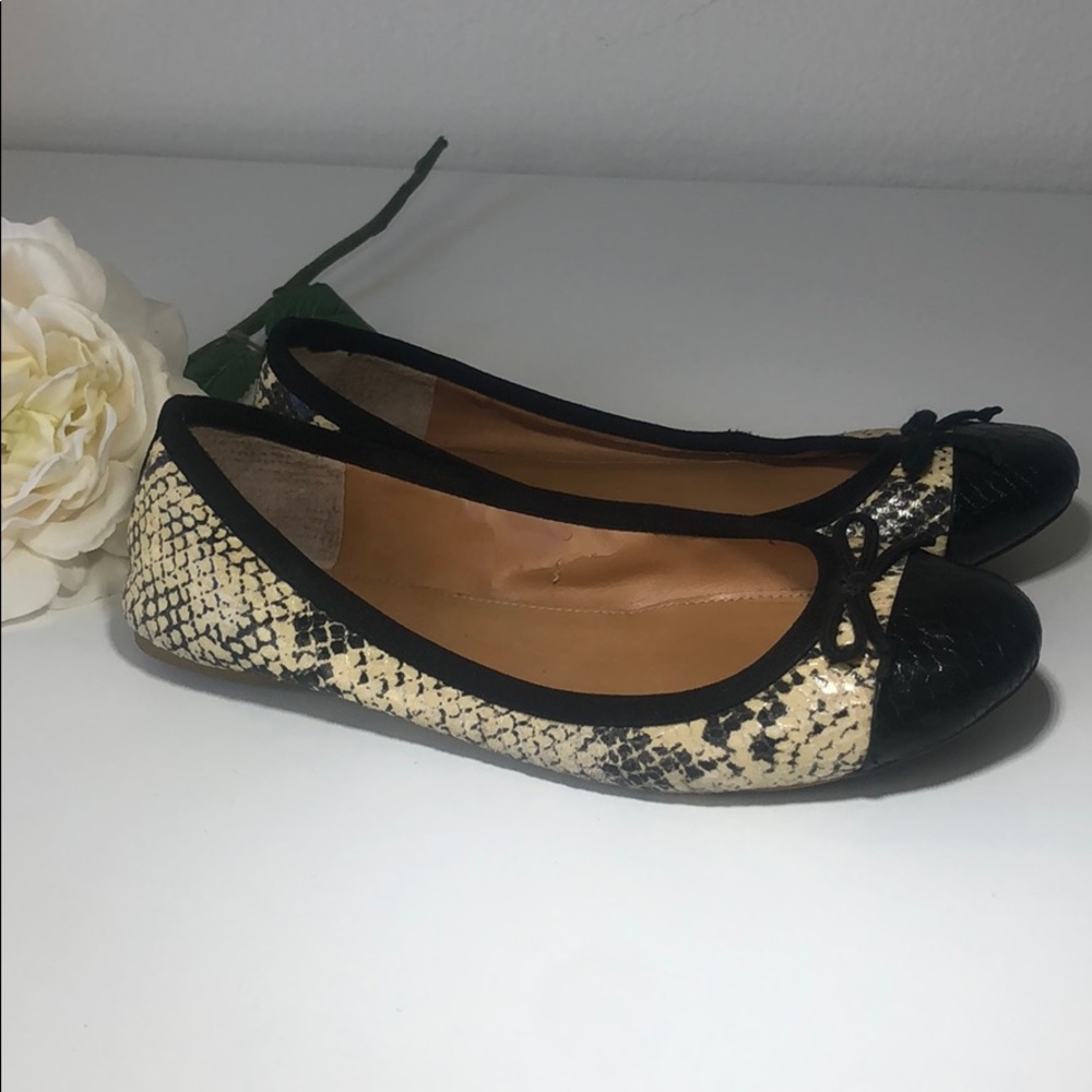 J. Crew Leather Python Print Ballet Flat Black Si… - image 5